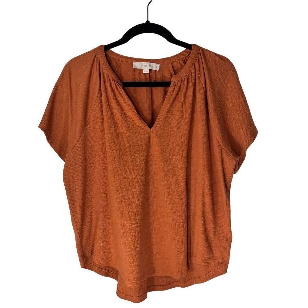 LOFT Women's Orange V-Neck Blouse Size S Short Sleeve Casual Top